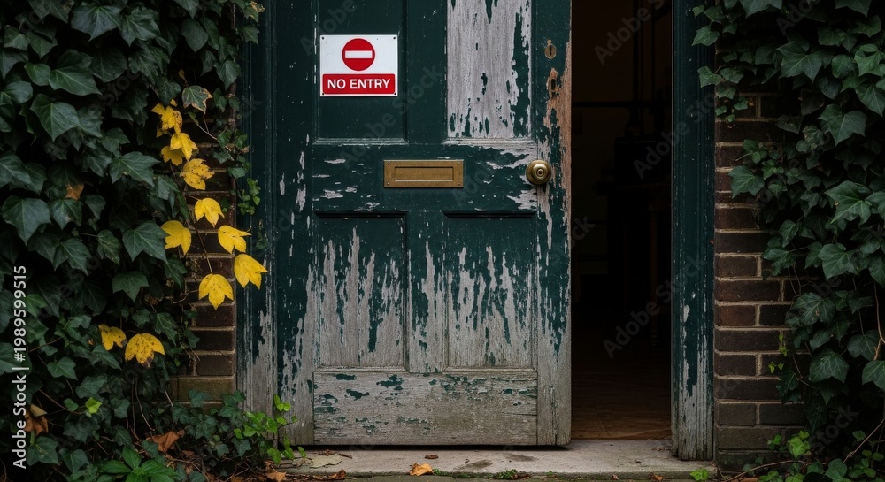 Obraz premium Weathered Green Door With No Entry Sign