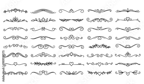 Hand drawn divider doodle set with vintage line ornaments and floral border separators for wedding and design decoration