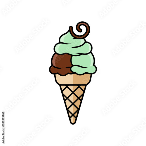 A delicious two-scoop ice cream cone features chocolate and mint flavors with a swirl.