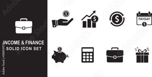 Income and finance solid icon set, business and money vector icons