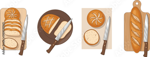 Bread Preparation Set with Sliced Loaf, Round Bun, and Baguette on Cutting Boards Representing Bakery Products and Kitchen Food Preparation in Vector Illustration