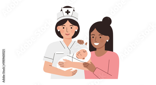 A caring nurse gently holds a newborn baby, with a happy mother by her side, symbolizing professional maternity care and family support