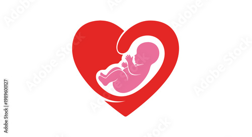 A stylized red heart cradles a pink fetus, symbolizing love, new life, and the profound journey of pregnancy, perfect for healthcare and maternity themes
