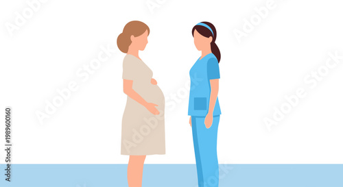 Illustration of a pregnant woman consulting with a medical professional, possibly a nurse, highlighting healthcare and maternal support