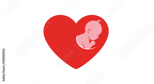 Abstract graphic design featuring a stylized pink baby nestled within a vibrant red heart, symbolizing new life, love, and maternal care, ideal for health, family, and charity themes