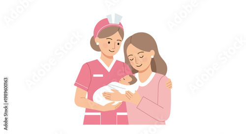 Compassionate nurse providing dedicated care as a new mother lovingly holds her precious newborn baby, celebrating the joyful arrival and support during the early moments