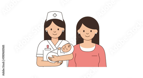 Caring nurse holding a newborn baby alongside a happy mother. A heartwarming illustration of maternal care and healthcare, perfect for celebrating nurse appreciation day and new life