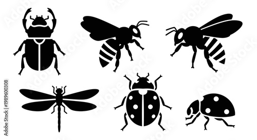 Insect Silhouettes Set: Beetle, Bee, Dragonfly, Ladybug Icons