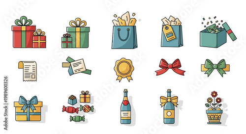 Colorful collection of gift icons and celebratory elements in flat design