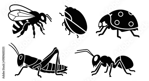 Insect Silhouettes Set. Collection of Various Bugs: Bee, Ant, Grasshopper, Beetles