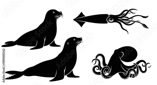 Marine Animal Silhouettes Set: Seals, Squid, and Octopus Vector Illustration