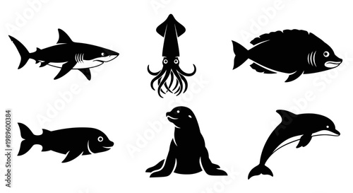 Marine Animals Silhouette Collection: Shark, Squid, Fish, Seal, and Dolphin Icons
