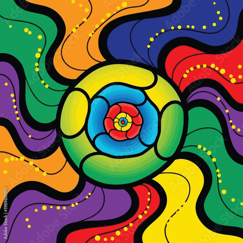 Vibrant psychedelic flower, colorful abstract background, swirling patterns, rainbow hues, vector illustration