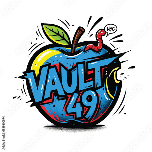 Vault 49 logo, NYC apple icon, colorful graphic design element