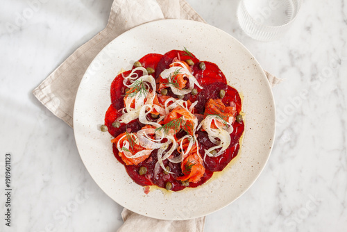 Tableau sur toile Beetroot carpaccio with smoked salmon & fennel