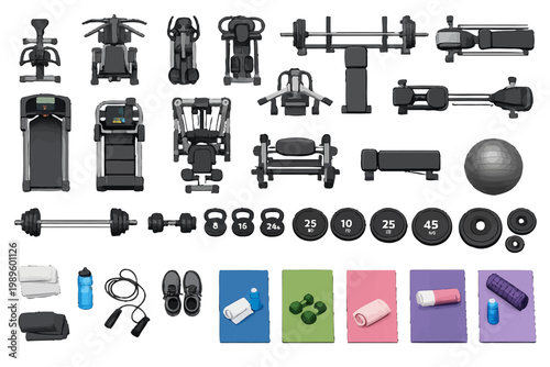 Top View Gym Equipment Vector Set: Fitness Machines, Weights, Treadmills, and Yoga Mats Plan Symbols
