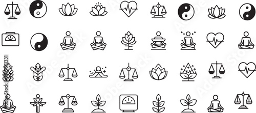 A collection of various line icons related to wellness, balance, and mindfulness on a white background