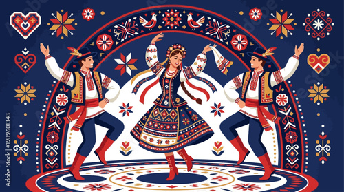 Stylized folk dancers in traditional costumes with bold geometric patterns, symmetrical layout, and vibrant red, black, and white tones, capturing cultural heritage through modern flat vector design
