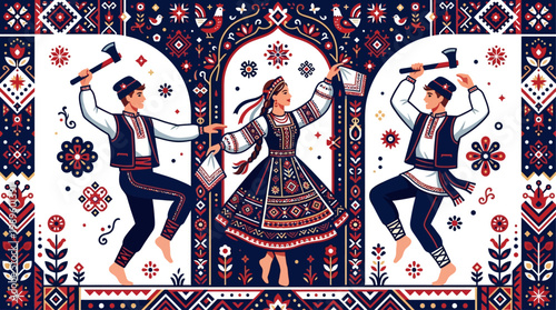 Stylized folk dancers in traditional costumes with bold geometric patterns, symmetrical layout, and vibrant red, black, and white tones, capturing cultural heritage through modern flat vector design