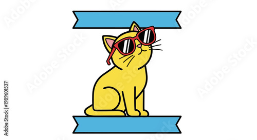 Cool yellow cat wearing red sunglasses framed by blue ribbons