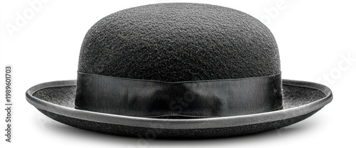 Black bowler hat isolated on white background; fashion accessory