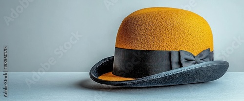 Yellow bowler hat with black ribbon, simple background, fashion website