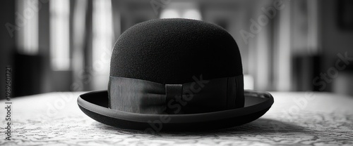 Bowler hat on table, indoors, blurred background, fashion