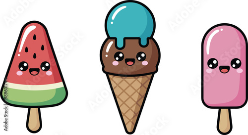 Cute kawaii ice cream and popsicle vector set, smiling dessert characters, colorful sweet treats illustration for kids design