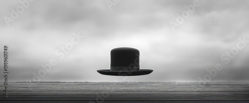 Levitating top hat over misty landscape; mystery, magic, surrealism; website banner