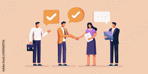 Business professionals completing a deal with a handshake and positive confirmations