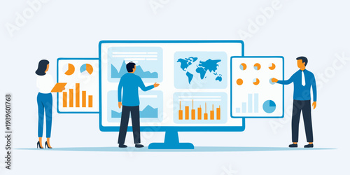 Business professionals analyzing data and charts on a large computer screen