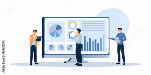 Team analyzing data and charts on a large computer screen