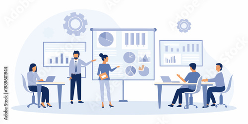 Team meeting with data presentation and collaborative work in office