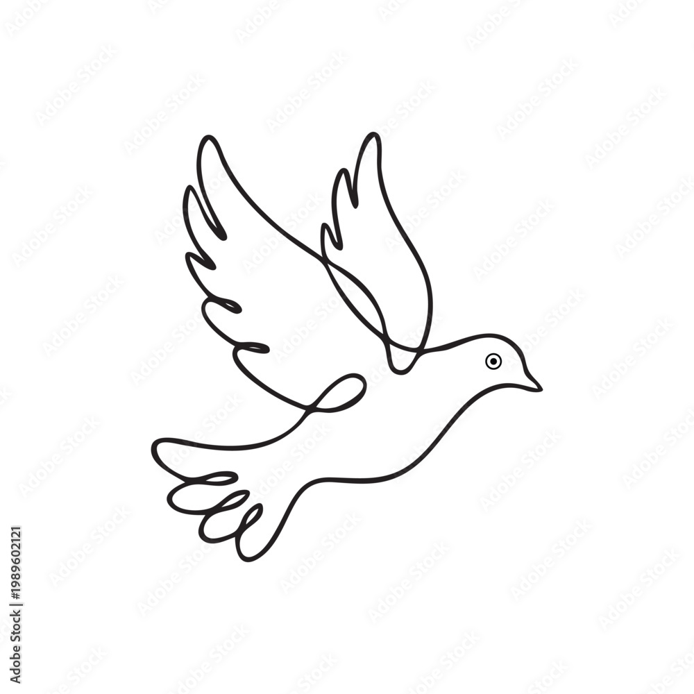 Fototapeta premium Minimalist continuous line art of a flying dove, symbol of peace and freedom in black vector