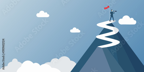 A businessman surveys the landscape from a winding mountain path