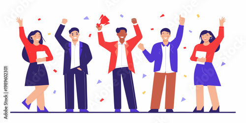 Diverse group of people celebrating success with arms raised and confetti