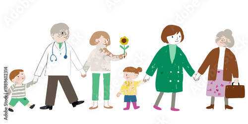 A multi generational family holds hands with a child offering a sunflower