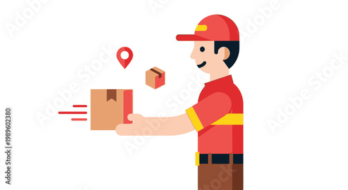 Delivery person handing a package with location and box icons nearby