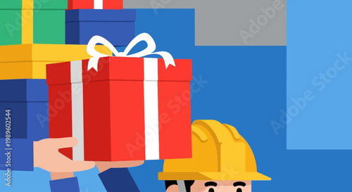 A brightly colored gift box held above a construction worker s helmet