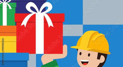 A smiling worker presents a brightly colored gift box to the viewer