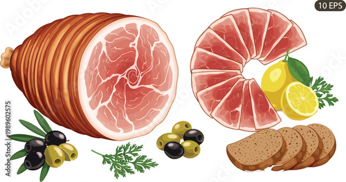 Sliced Ham Roll with Citrus, Olives, and Bread Representing Deli Meat, Gourmet Serving, and Protein-Rich Cuisine in Detailed Vector Illustration