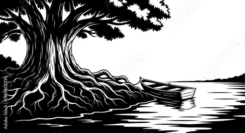 A large tree overlooks a small boat resting on calm waters
