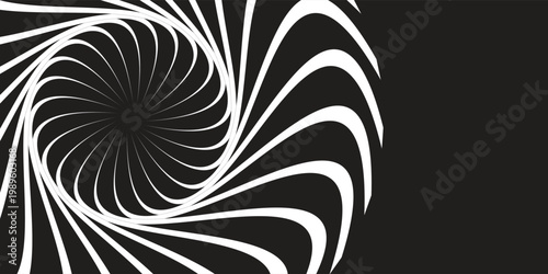 Abstract black and white hypnotic spiral background. Modern optical illusion with twisted curved lines, radial vortex design for psychedelic wallpaper or creative banners.