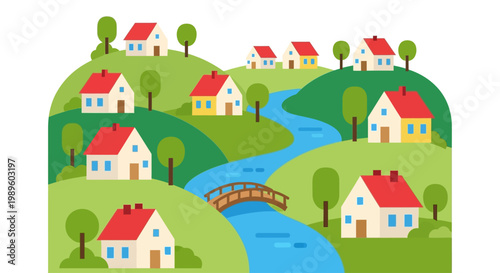 A colorful illustration of a quaint village with houses and a river