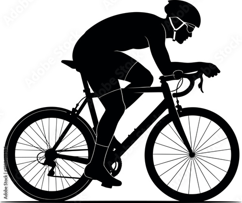 Black silhouette of a cyclist in racing gear on a bicycle cycling sport