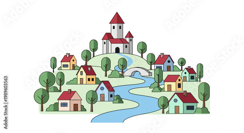 Colorful cartoon illustration of a fairytale village with a castle