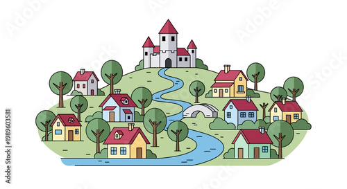 A colorful illustration depicts a whimsical village with a castle centerpiece