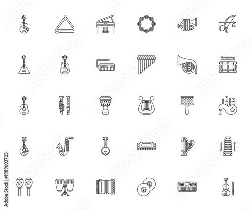 Music Instrument icon set. Vector illustration pack featuring bass guitar, grand piano, saxophone, violin, drum, harmonica and more. Editable stroke icons.