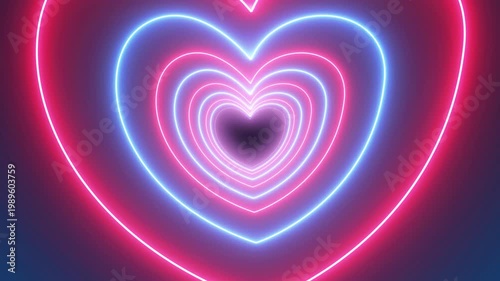 Abstract glowing neon hearts icon tunnel animation looping background.3d Neon glowing abstract rainbow heart tunnel in LGBT Pride colors. Disco music party Valentines day celebration
