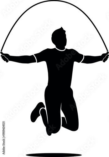 Black silhouette of a person jumping with a rope in a dynamic pose jump rope black and white